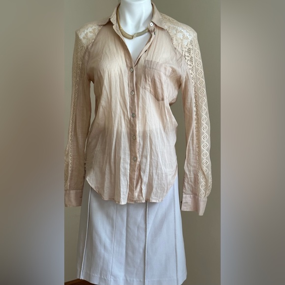 Anthropology Holding Horses CottonTan Blouse Sleeves shoulder & Back Lace SZ XS - Picture 2 of 16